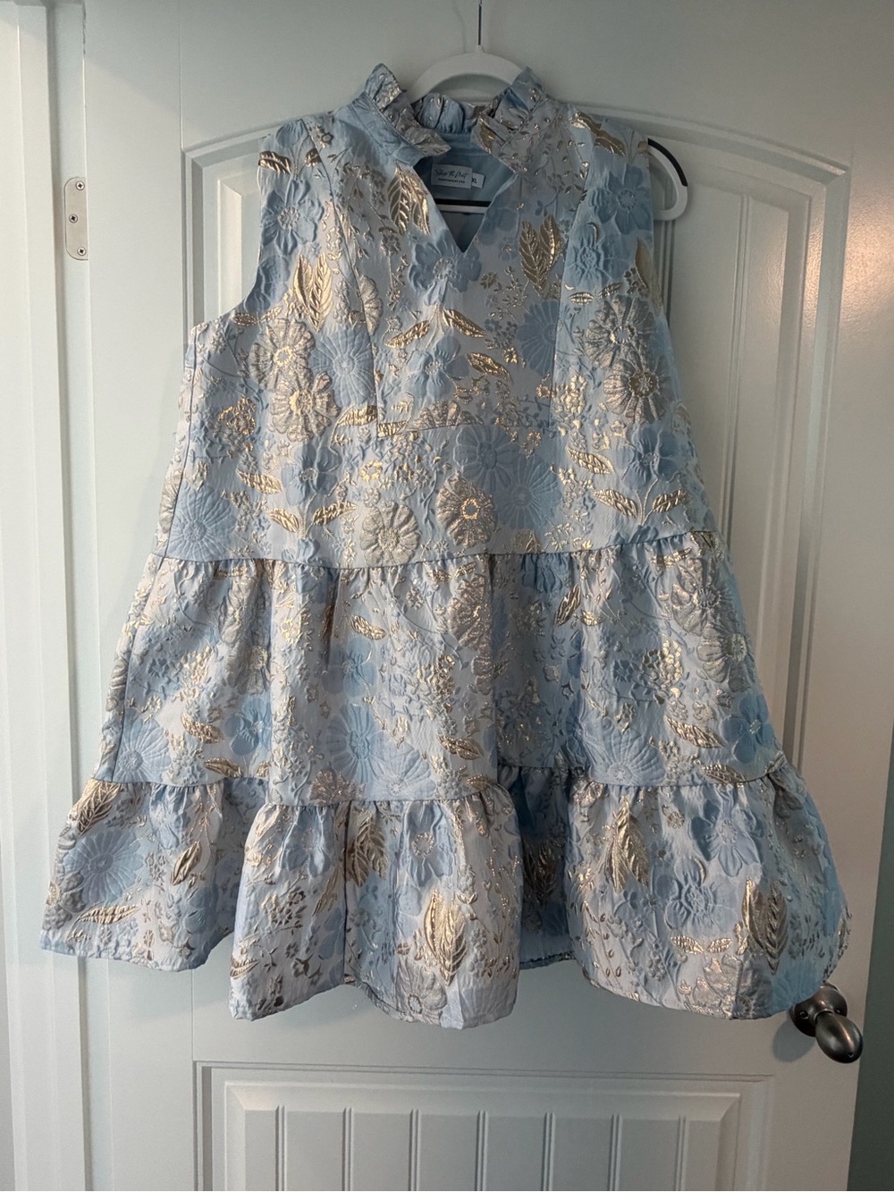 Sleeveless Light Blue Floral Brocade Tiered Mini Dress with Gold Accents
